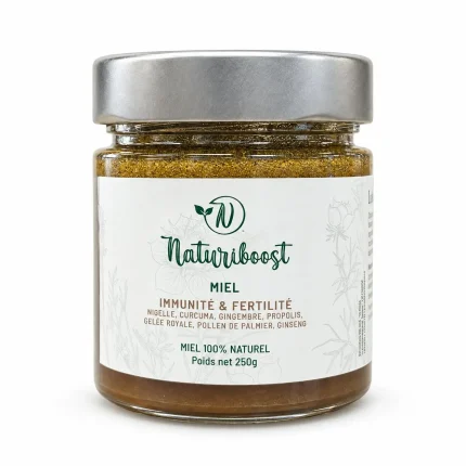 Naturiboost – Miel immunité et fertilité 250g : nigelle, curcuma, gingembre, propolis, gelée royale