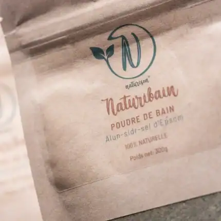 Emballage Naturibain Naturison, poudre de bain à l'alun, au sidr et au sel d'Epsom, sachet kraft 300g