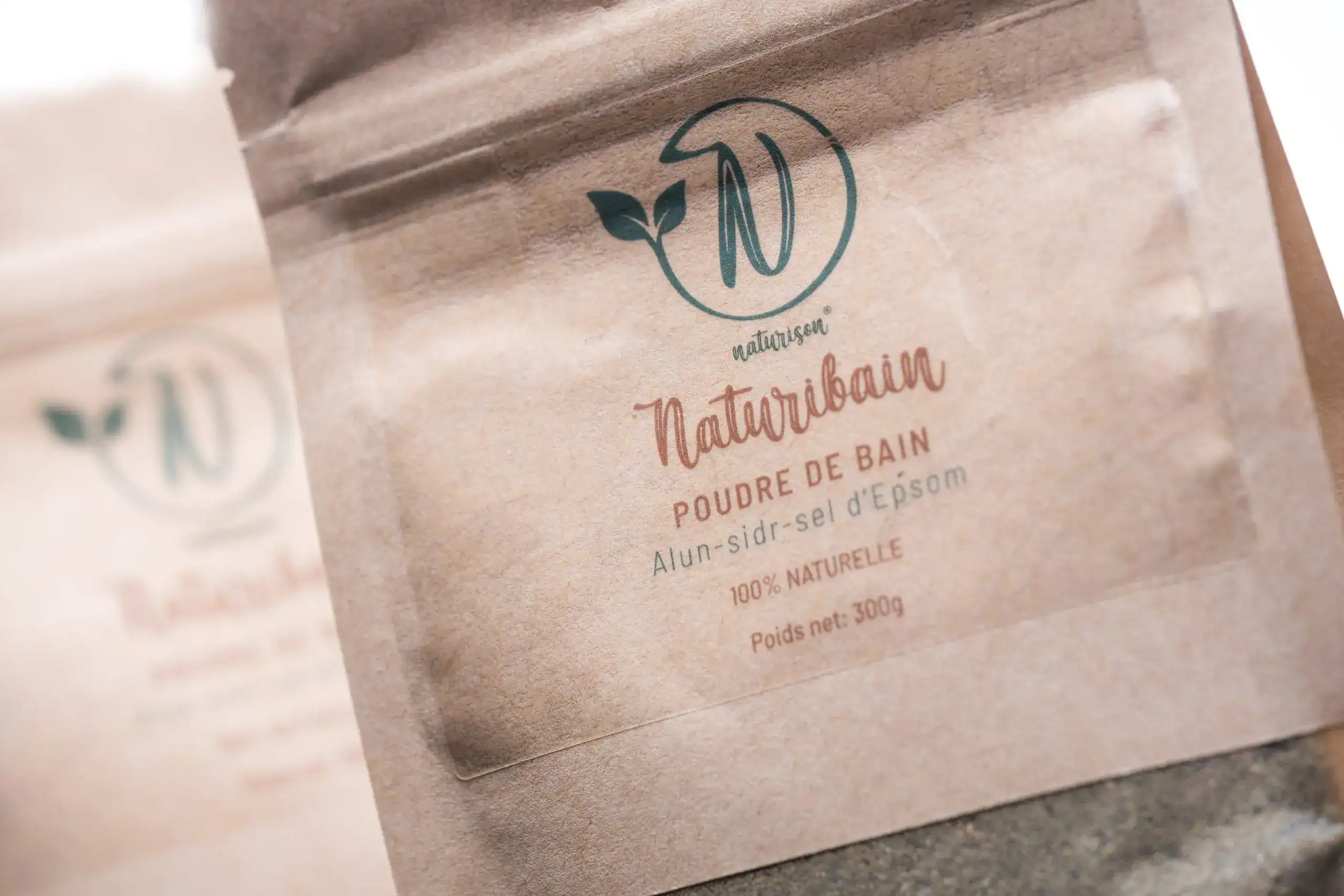 Emballage Naturibain Naturison, poudre de bain à l'alun, au sidr et au sel d'Epsom, sachet kraft 300g