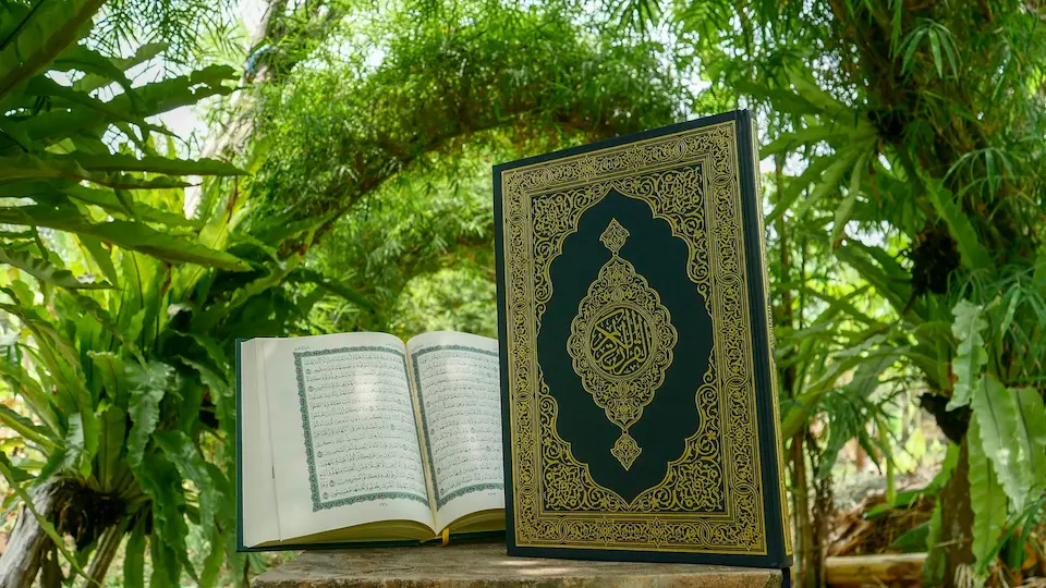 Un Coran ouvert et un Coran fermé posés en pleine nature, évoquant les preuves coraniques sur la sorcellerie en Islam.