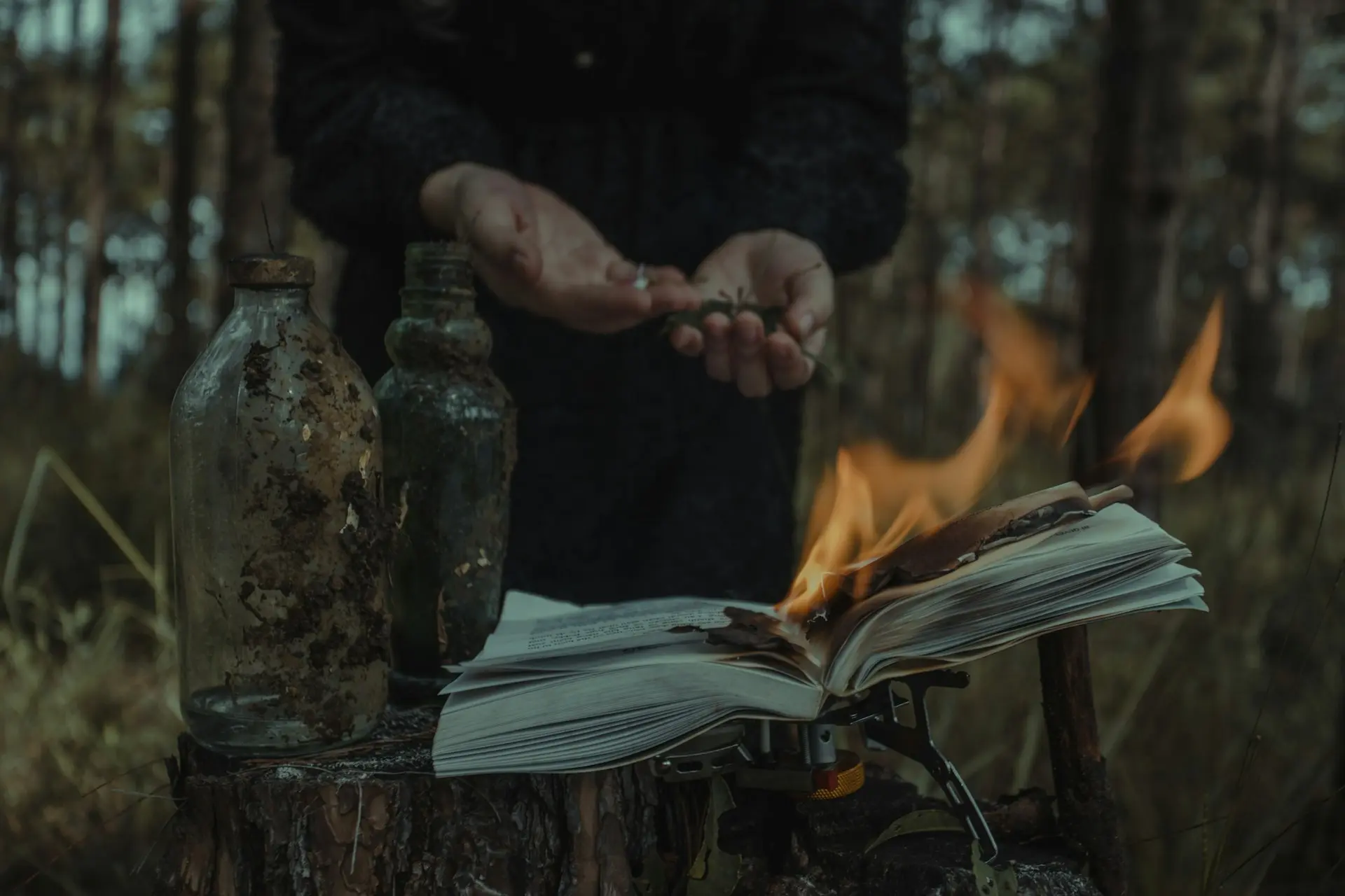 Mise en scène d'un rituel occulte en forêt : fioles, plantes et livre en flammes, illustrant les pratiques de sorcellerie à travers les civilisations.