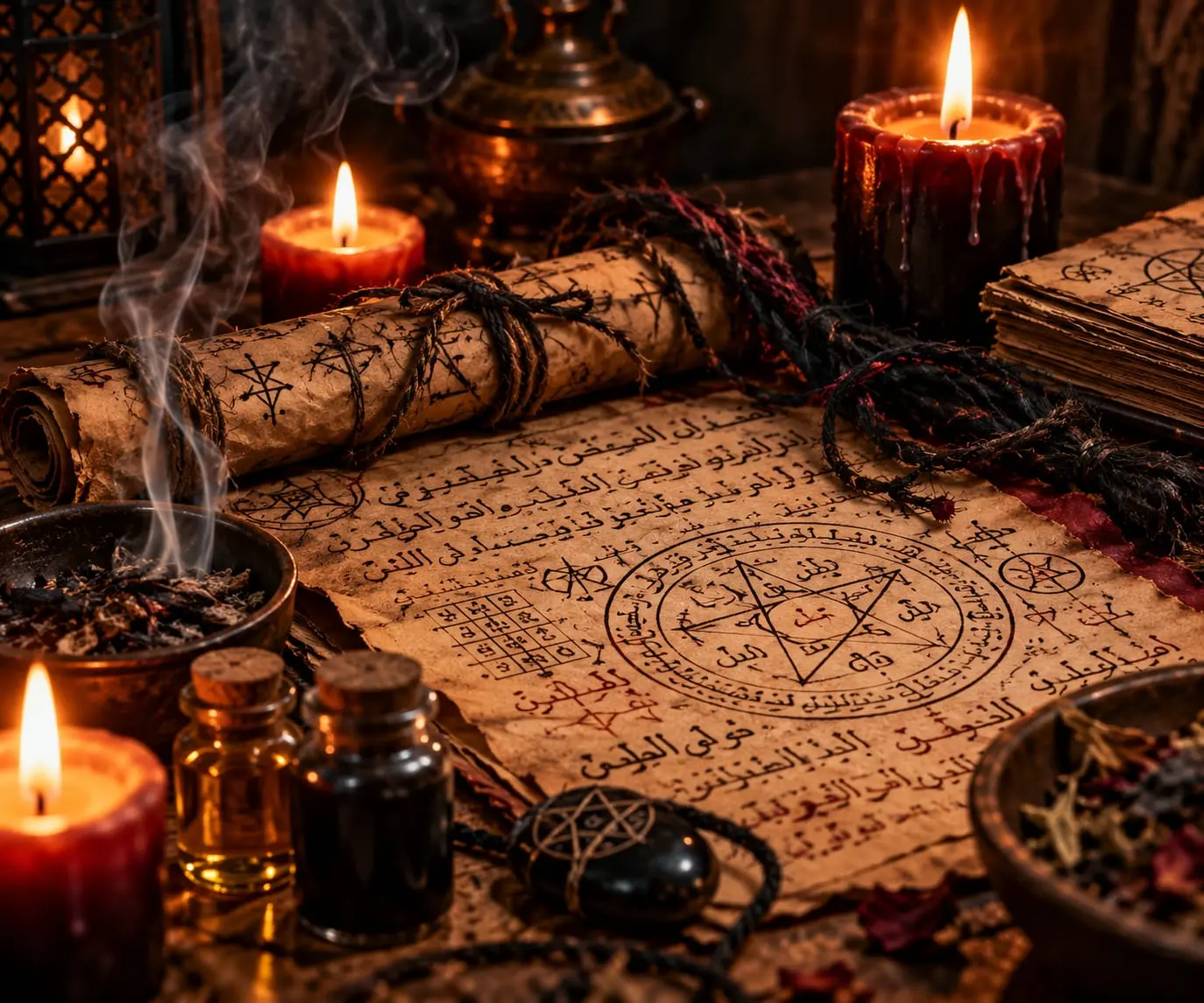 Illustration d’objets associés à la sorcellerie : parchemin, talismans, bougies et fioles.